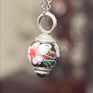 VTG Sterling Silver Floral Cloisonné Enamel Black Onyx Amulet Pendant Necklace